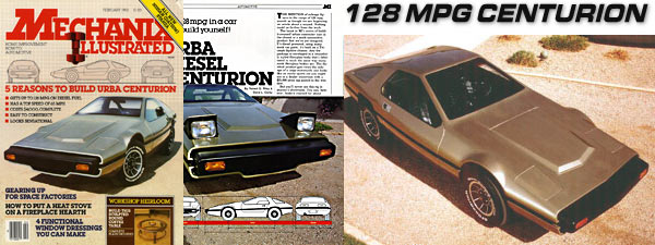 Centurion 128-mpg sports car on cover of Mechanix Illustrated magazine